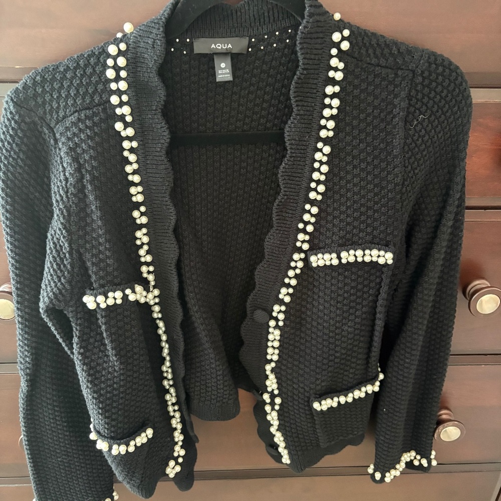 Size M Aqua Black Pearl Trimmed Cardigan